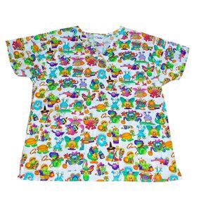 Life Uniform Whimsical Crazy Monsters Clowns Butterflies Large White Scrub Shirt